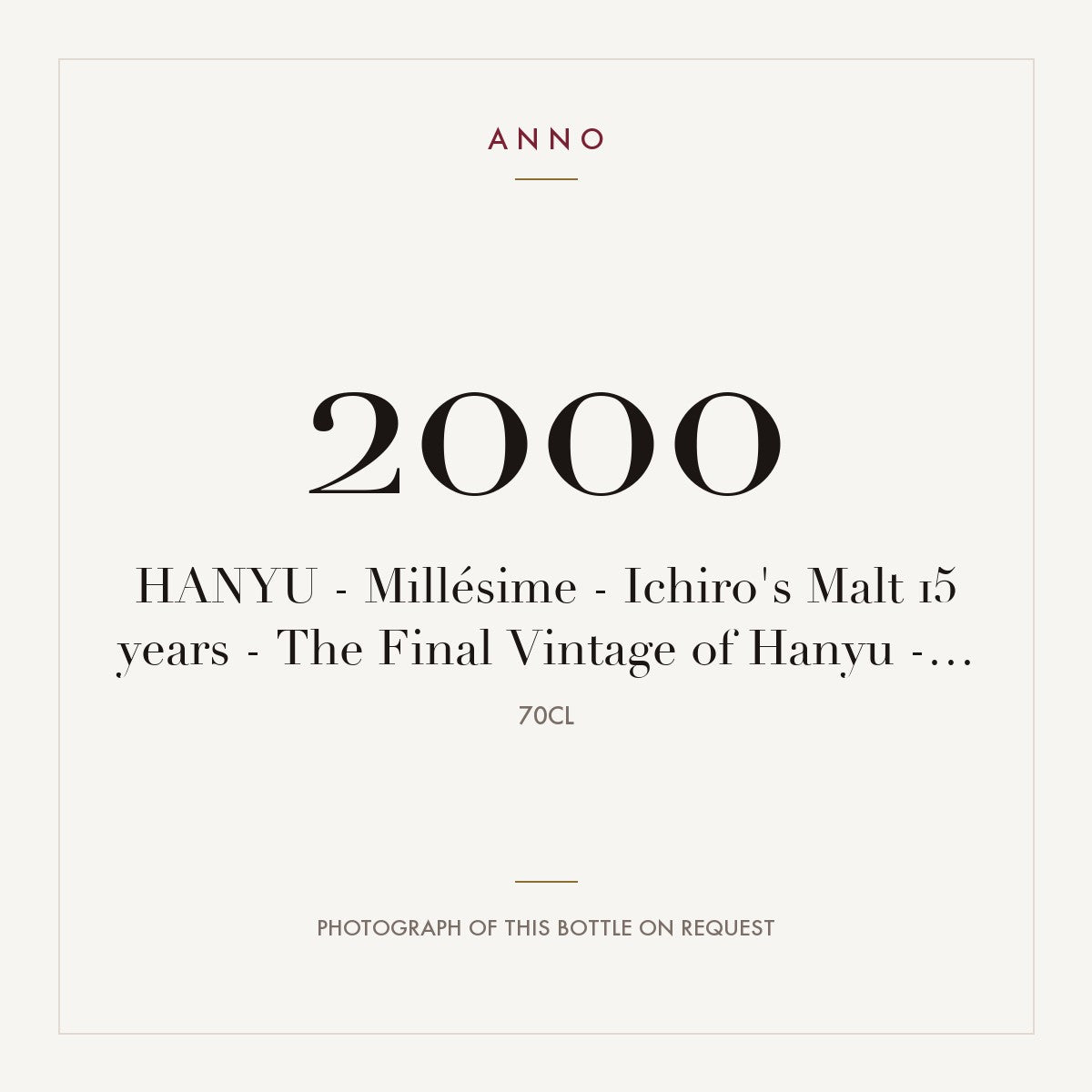 Hanyu Ichiro's Malt The Final Vintage of Hanyu 15 Years 2000 0,7l — ANNO vintage card; photograph of the actual bottle available on request