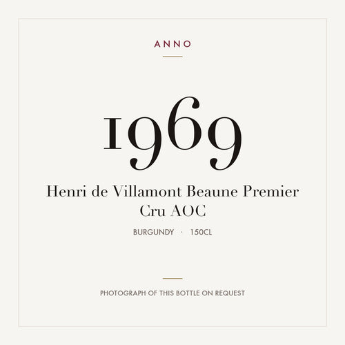 Henri de Villamont Beaune Premier Cru 1969 AOC 1,5l, Borgoña — tarjeta de añada ANNO; foto de la botella real disponible bajo petición