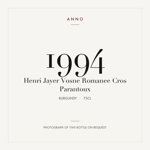 Henri Jayer Vosne-Romanee Cros Parantoux 1994 AOC 0,75l — card dell'annata ANNO; foto della bottiglia reale disponibile su richiesta