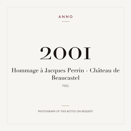 Chateau de Beaucastel Chateauneuf-du-Pape Hommage a Jacques Perrin 2001 AOC 0,75l — ANNO-Jahrgangskarte; Foto der tatsächlichen Flasche auf Anfrage