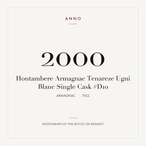 Hontambere Armagnac Tenareze Ugni Blanc Single Cask #D10 2000 0,7l from Armagnac — ANNO vintage card; photograph of the actual bottle available on request