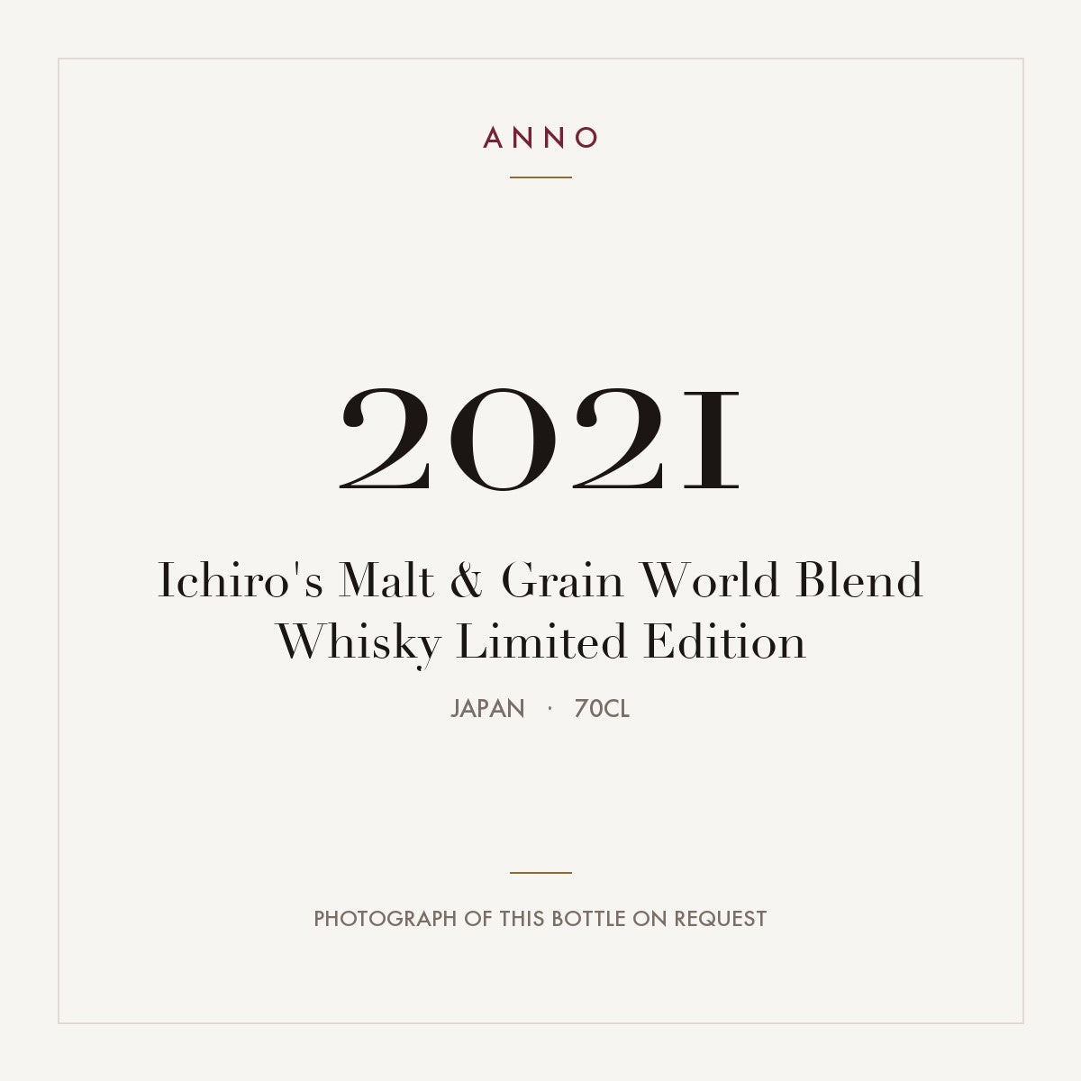 Ichiro's Malt & Grain World Blend Whisky Limited Edition 2021 0,7l from Japan — ANNO vintage card; photograph of the actual bottle available on request