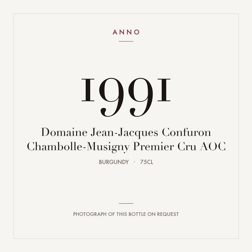 Domaine Jean-Jacques Confuron Chambolle-Musigny Premier Cru 1991 AOC 0,75l, Bourgogne — ANNO-årgangskort; foto af den faktiske flaske på forespørgsel