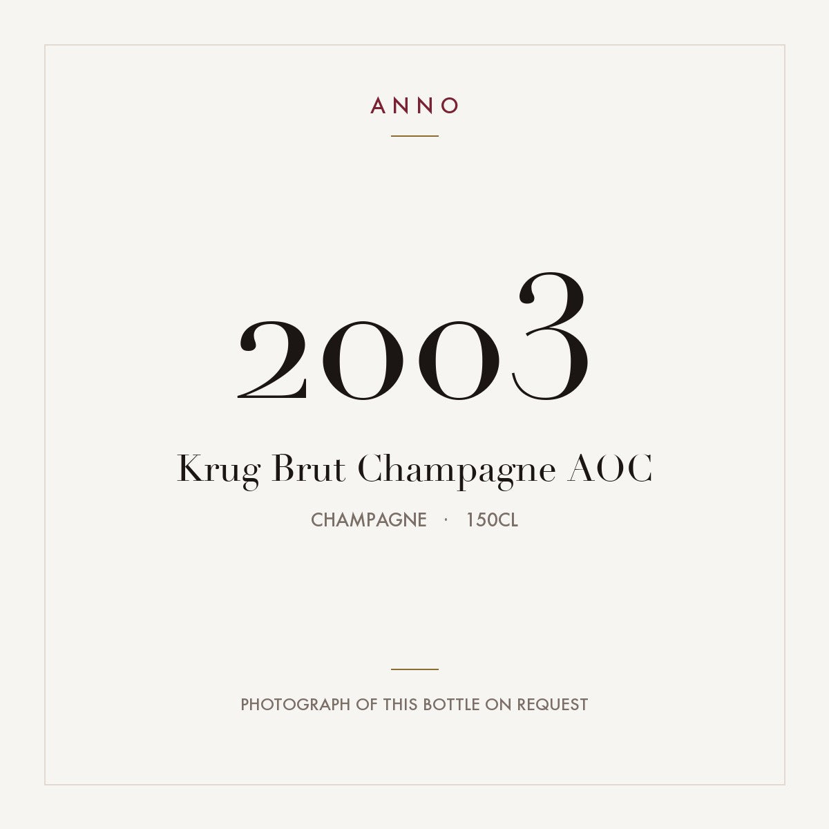 Krug Brut Champagne 2003 AOC 1,5l from Champagne — ANNO vintage card; photograph of the actual bottle available on request