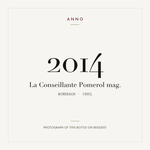 La Conseillante Pomerol 2014 AOC 1,5l — cartão de colheita ANNO; fotografia da garrafa real disponível a pedido