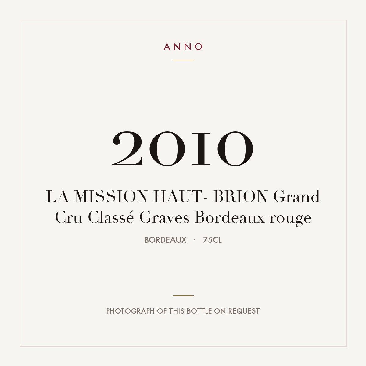 Chateau La Mission Haut-Brion Pessac-Leognan 2010 AOC 0,75l — ANNO vintage card; photograph of the actual bottle available on request