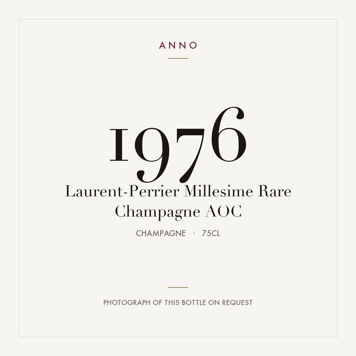 Laurent-Perrier Millesime Rare Champagne 1976 AOC 0,75l from Champagne — ANNO vintage card; photograph of the actual bottle available on request