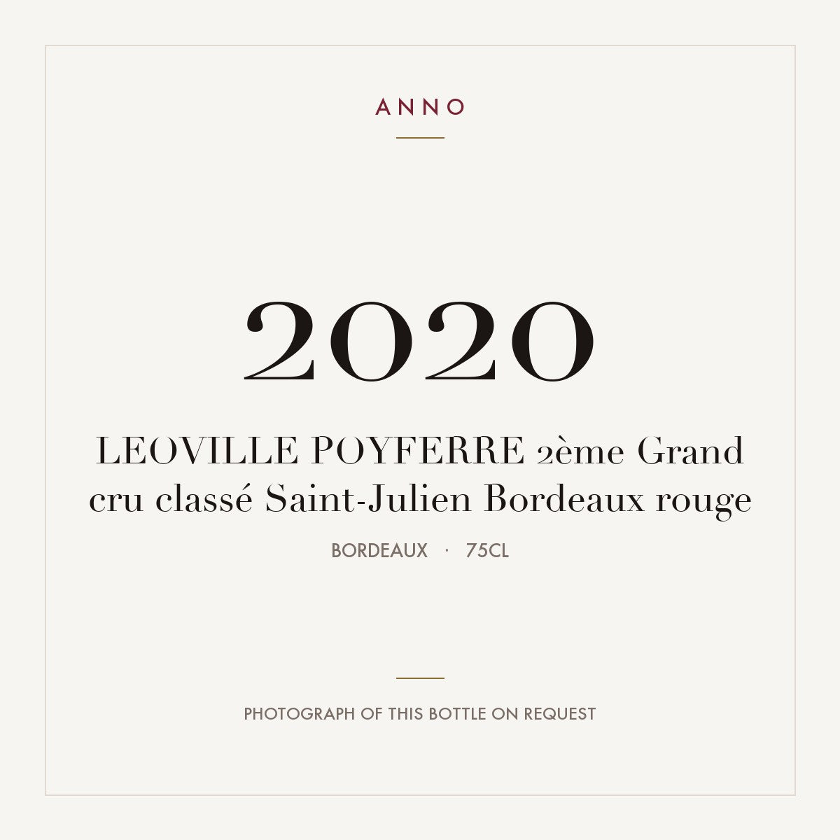 Chateau Leoville Poyferre Saint-Julien 2020 AOC 0,75l — ANNO vintage card; photograph of the actual bottle available on request
