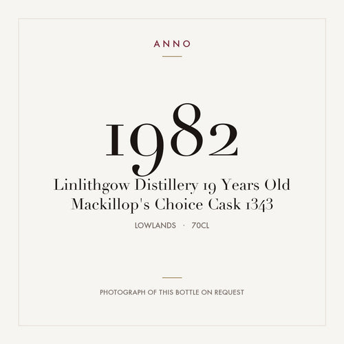 Linlithgow Distillery 19 Years Old Mackillop's Choice Cask 1343 1982 0,7l from Lowlands — ANNO vintage card; photograph of the actual bottle available on request