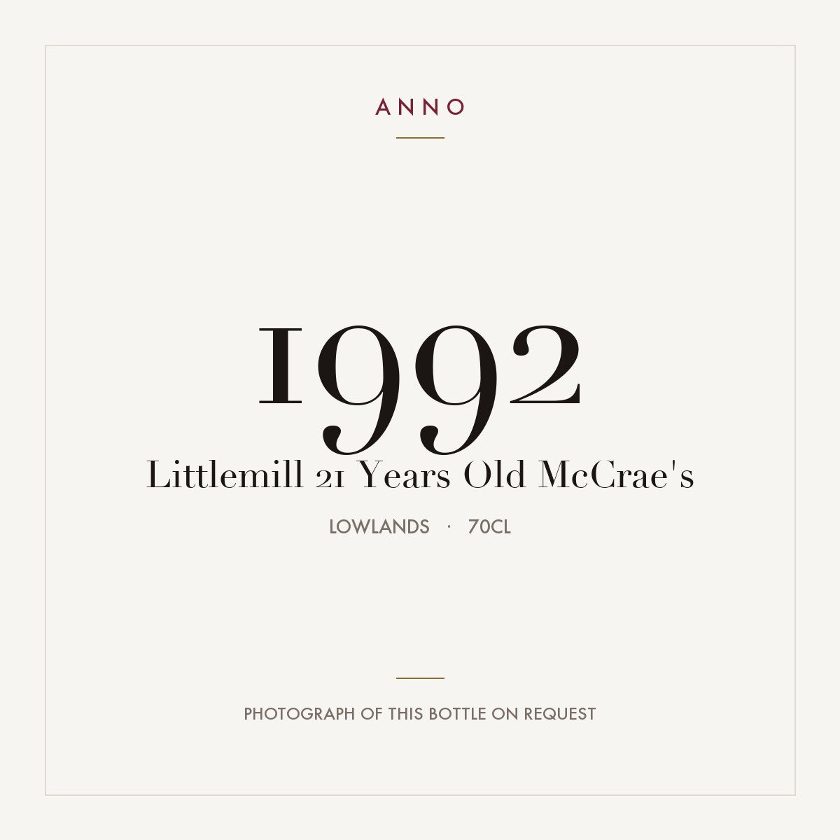 Littlemill 21 Years Old McCrae's 1992 0,7l from Lowlands — ANNO vintage card; photograph of the actual bottle available on request