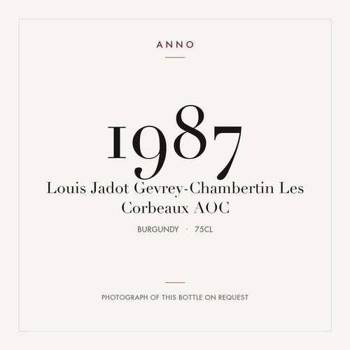 Louis Jadot Gevrey-Chambertin Les Corbeaux 1987 AOC 0,75l from Burgundy — ANNO vintage card; photograph of the actual bottle available on request