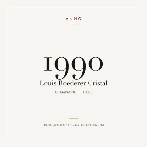 Louis Roederer Cristal 1990 1,5l — tarjeta de añada ANNO; foto de la botella real disponible bajo petición