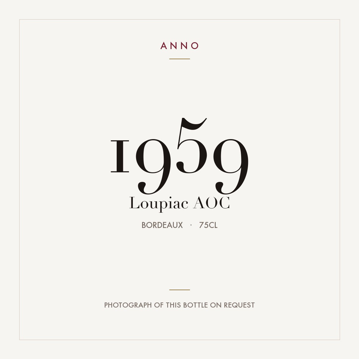 Loupiac 1959 AOC 0,75l from Bordeaux — ANNO vintage card; photograph of the actual bottle available on request