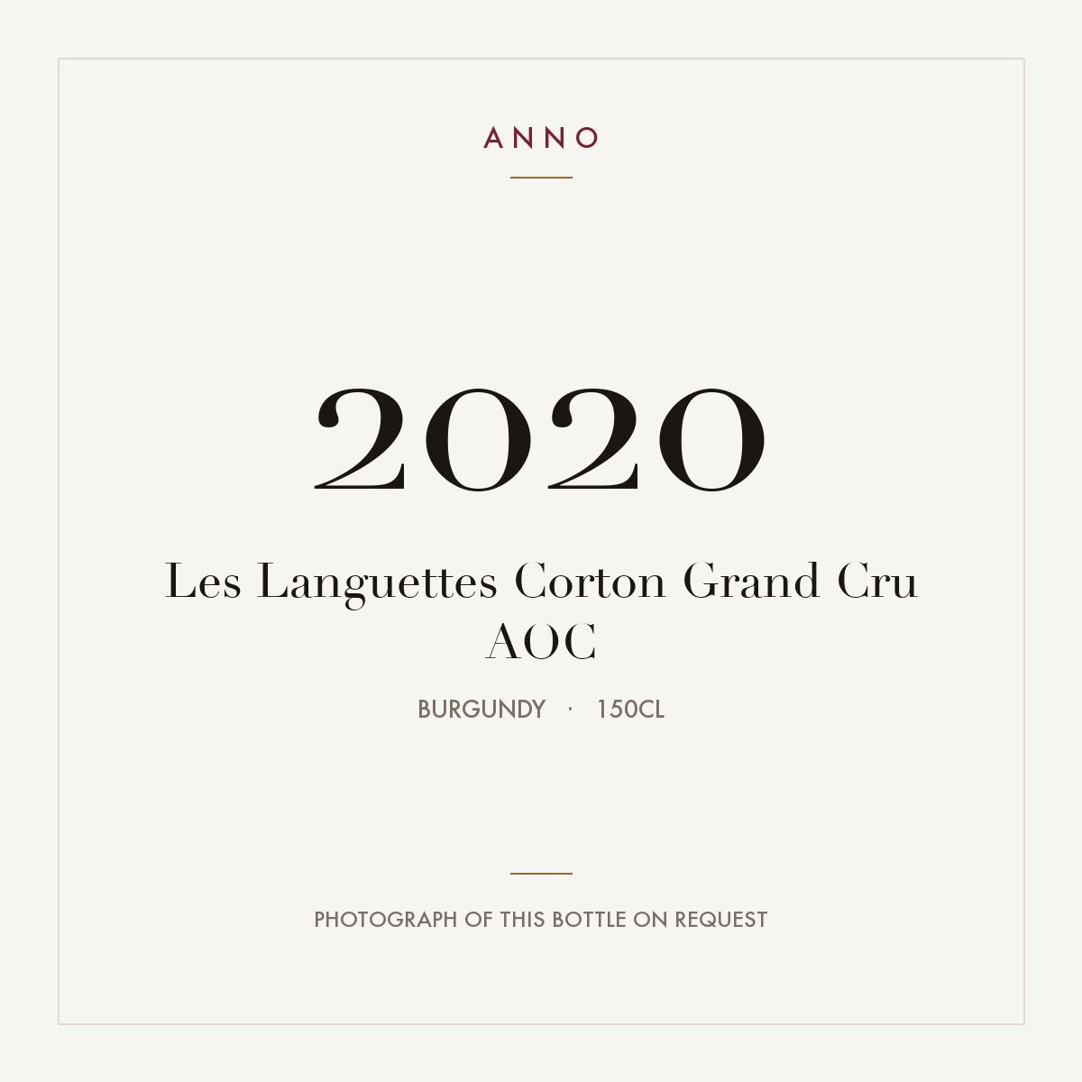 Les Languettes Corton Grand Cru 2020 AOC 1,5l from Burgundy — ANNO vintage card; photograph of the actual bottle available on request