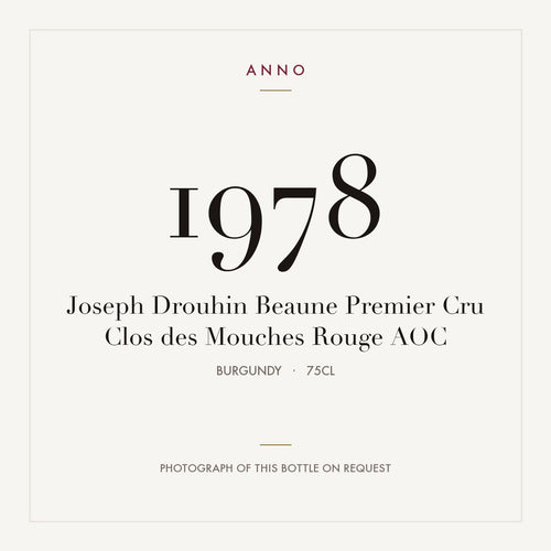 Joseph Drouhin Beaune Premier Cru Clos des Mouches Rouge 1978 AOC 0,75l, Burgund — ANNO-Jahrgangskarte; Foto der tatsächlichen Flasche auf Anfrage