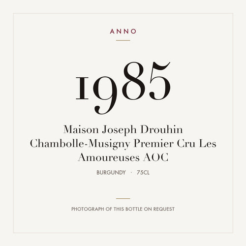 Maison Joseph Drouhin Chambolle-Musigny Premier Cru Les Amoureuses 1985 AOC 0,75l, Borgoña — tarjeta de añada ANNO; foto de la botella real disponible bajo petición
