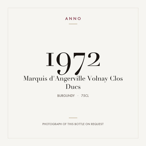 Marquis d'Angerville Volnay Clos Ducs 1972 0,75l — ANNOヴィンテージカード。実際のボトルの写真はご要望に応じてご用意します