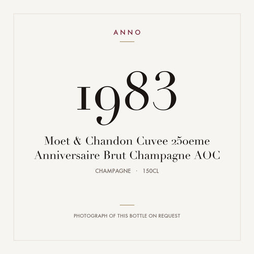 Moet & Chandon Cuvee 250eme Anniversaire Brut Champagne 1983 AOC 1,5l, Champagne — cartão de colheita ANNO; fotografia da garrafa real disponível a pedido