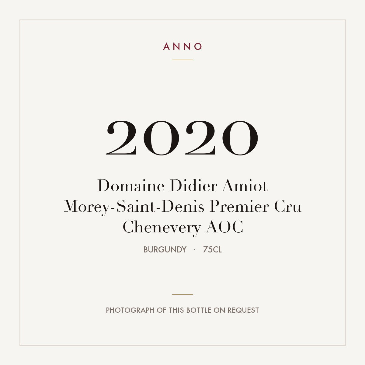 Domaine Didier Amiot Morey-Saint-Denis Premier Cru Chenevery 2020 AOC 0,75l from Burgundy — ANNO vintage card; photograph of the actual bottle available on request