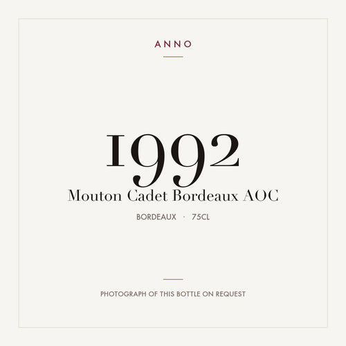 Mouton Cadet Bordeaux 1992 AOC 0,75l from Bordeaux — ANNO vintage card; photograph of the actual bottle available on request