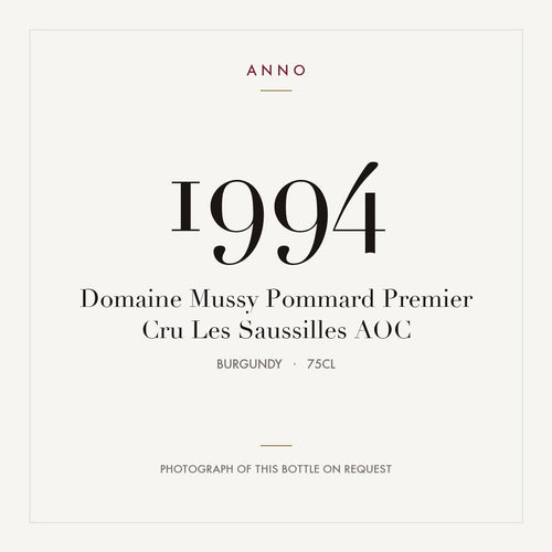 Domaine Mussy Pommard Premier Cru Les Saussilles 1994 AOC 0,75l, Bourgogne — ANNO-jaargangkaart; foto van de echte fles op aanvraag