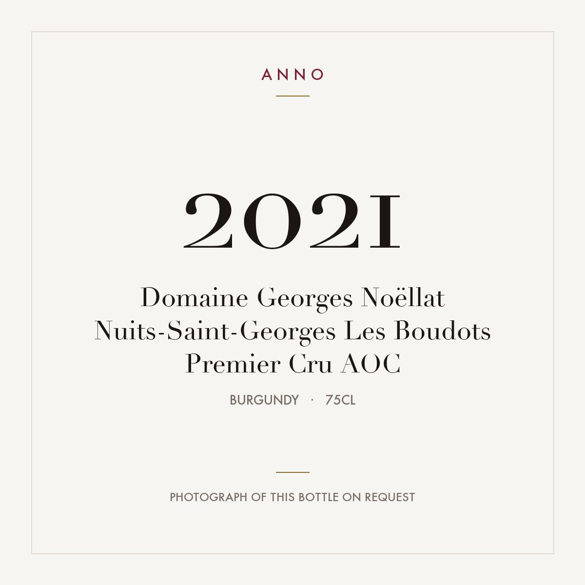 Domaine Georges Noellat Nuits-Saint-Georges Premier Cru Les Boudots 2021 AOC 0,75l — ANNO vintage card; photograph of the actual bottle available on request