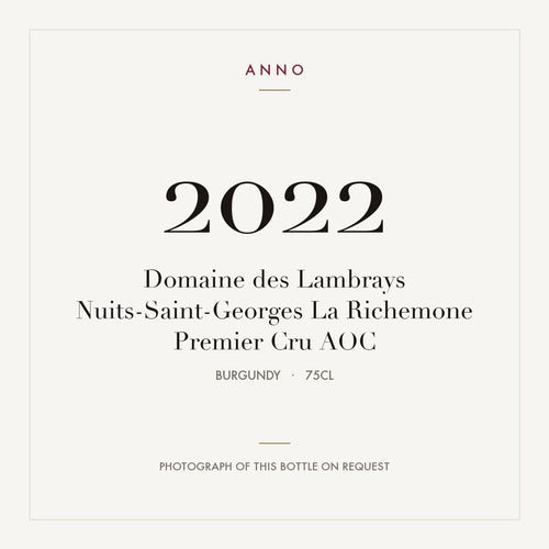 Domaine des Lambrays Nuits-Saint-Georges Premier Cru La Richemone 2022 AOC 0,75l — tarjeta de añada ANNO; foto de la botella real disponible bajo petición