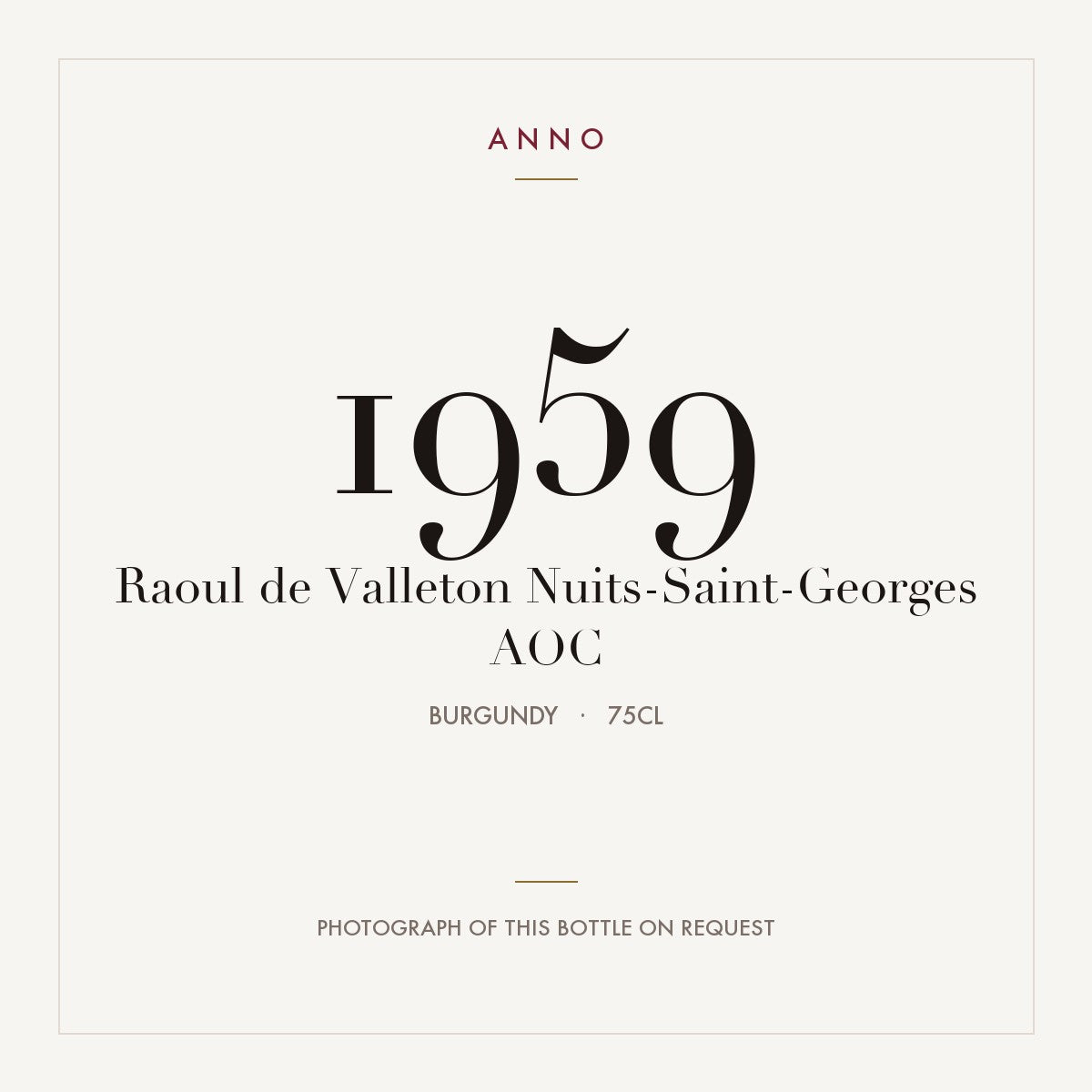 Raoul de Valleton Nuits-Saint-Georges 1959 AOC 0,75l from Burgundy — ANNO vintage card; photograph of the actual bottle available on request