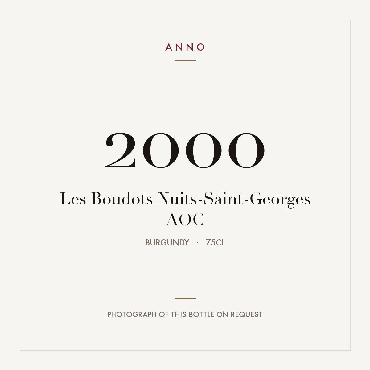 Les Boudots Nuits-Saint-Georges 2000 AOC 0,75l from Burgundy — ANNO vintage card; photograph of the actual bottle available on request