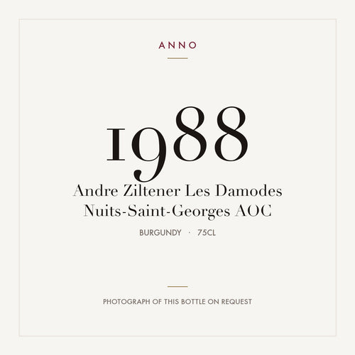 Andre Ziltener Les Damodes Nuits-Saint-Georges 1988 AOC 0,75l from Burgundy — ANNO vintage card; photograph of the actual bottle available on request