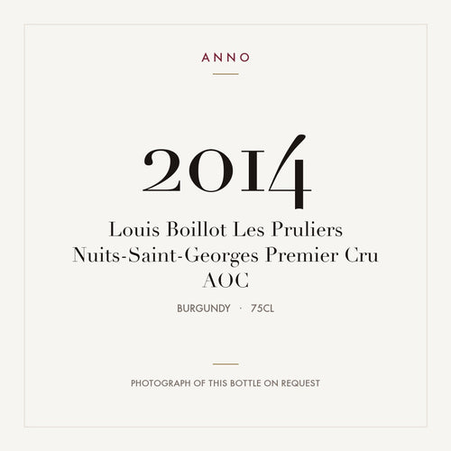 Louis Boillot Les Pruliers Nuits-Saint-Georges Premier Cru 2014 AOC 0,75l from Burgundy — ANNO vintage card; photograph of the actual bottle available on request
