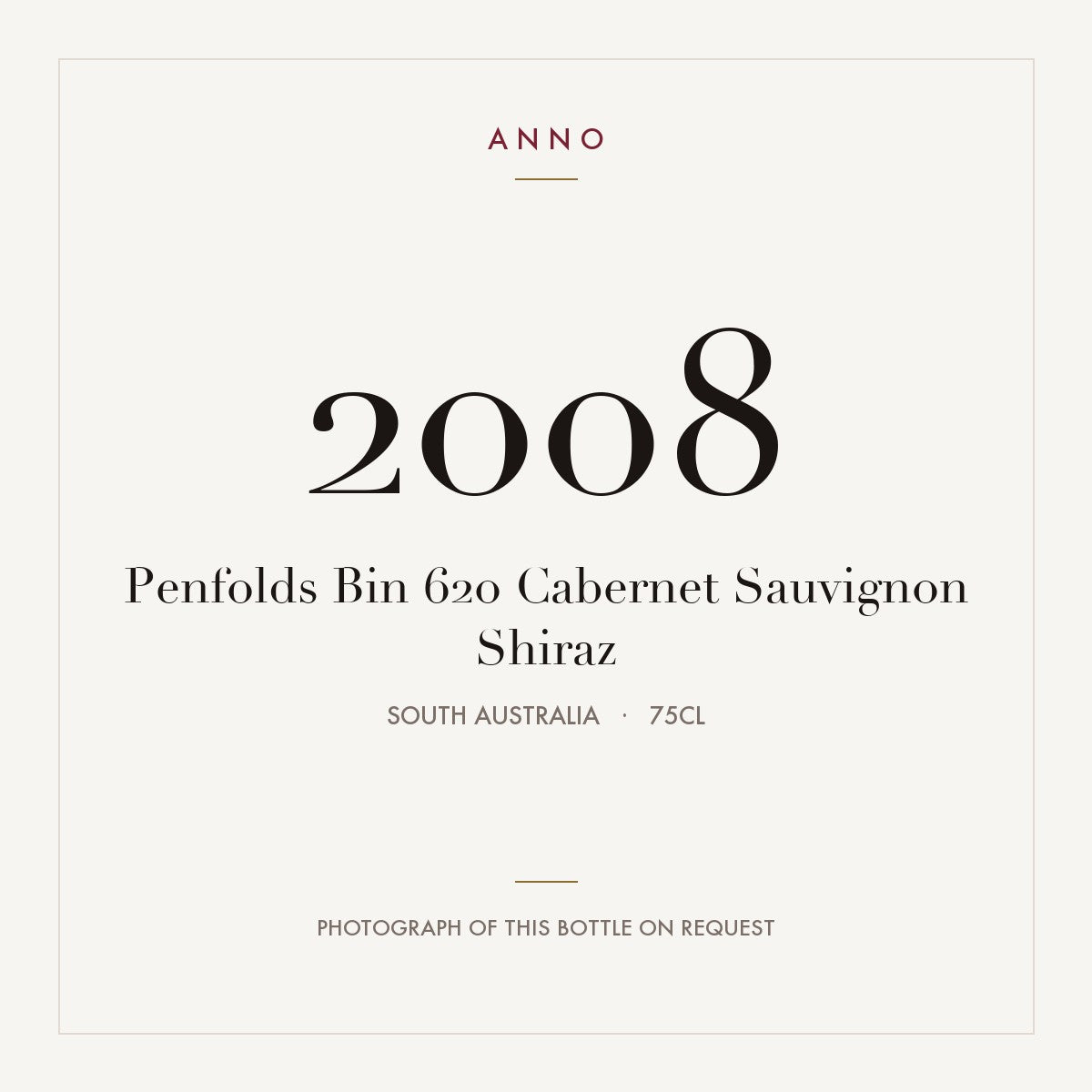 Penfolds Bin 620 Cabernet Sauvignon Shiraz 2008 0,75l from South Australia — ANNO vintage card; photograph of the actual bottle available on request