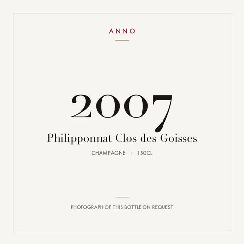 Philipponnat Clos des Goisses 2007 1,5l — cartão de colheita ANNO; fotografia da garrafa real disponível a pedido