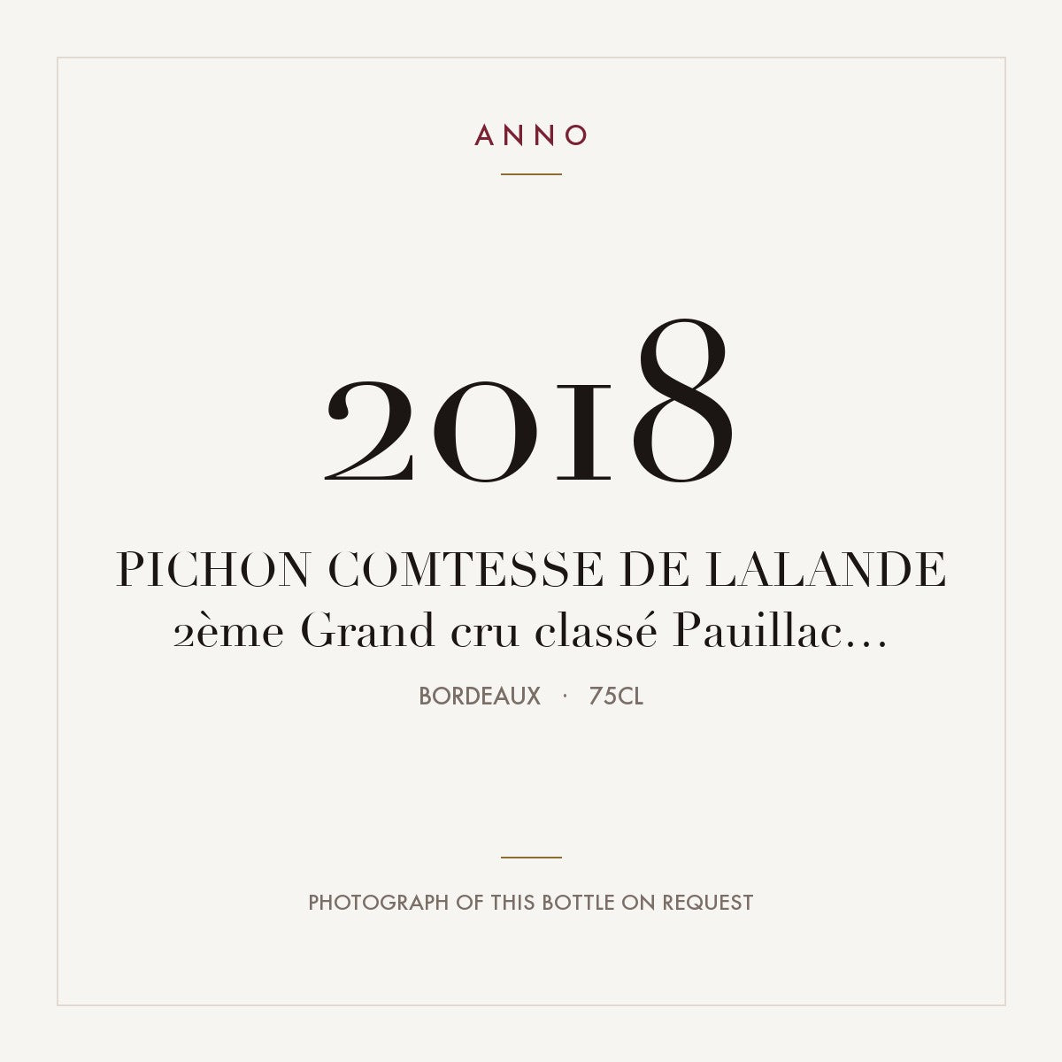 Chateau Pichon Longueville Comtesse de Lalande Pauillac 2018 AOC 0,75l — ANNO vintage card; photograph of the actual bottle available on request