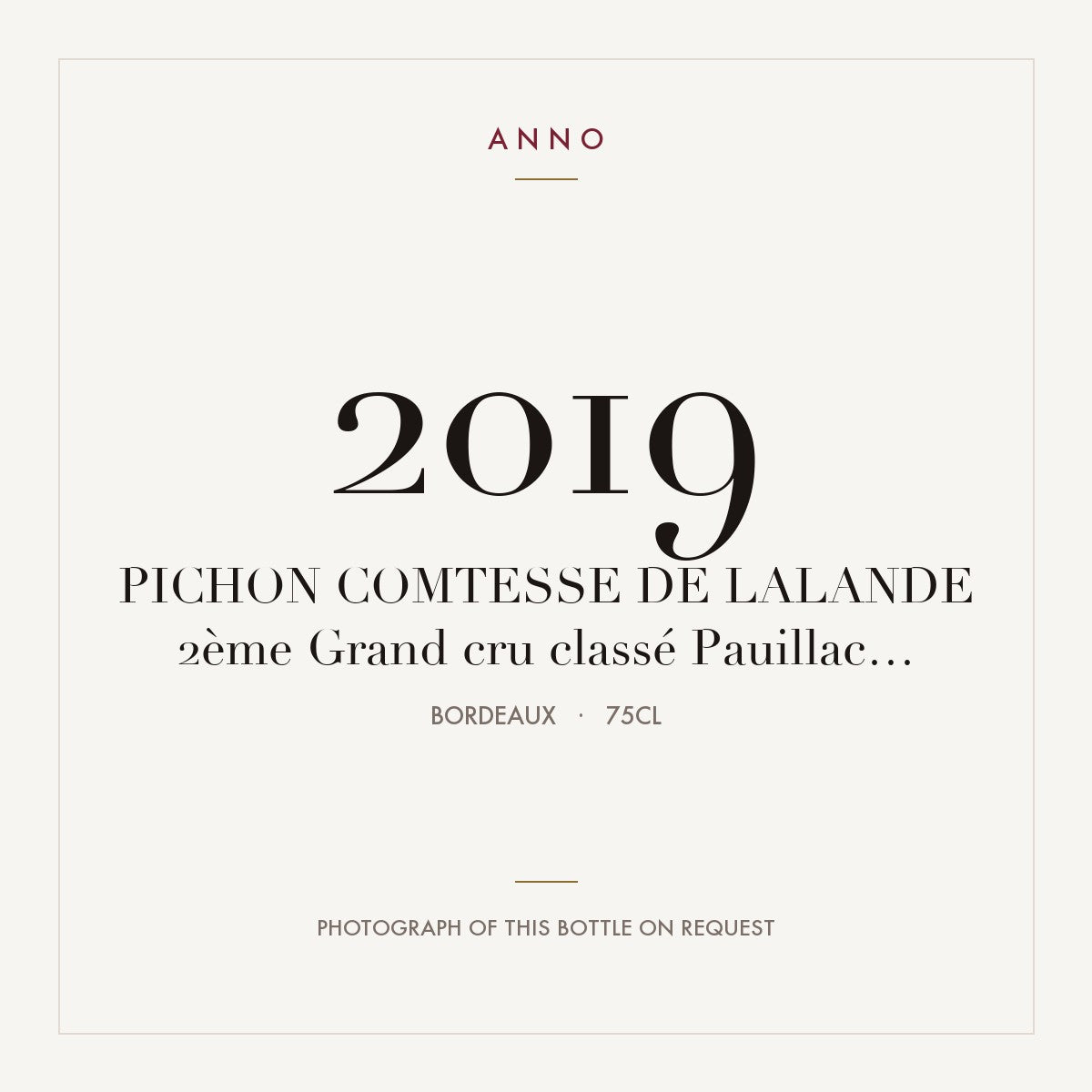 Chateau Pichon Longueville Comtesse de Lalande Pauillac 2019 AOC 0,75l — ANNO vintage card; photograph of the actual bottle available on request