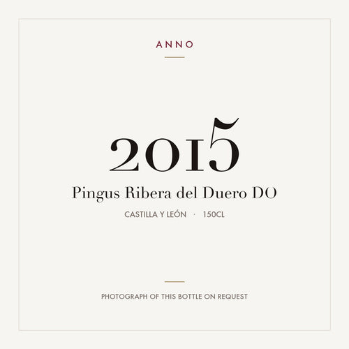 Pingus Ribera del Duero 2015 DO 1,5l, Kastilien und León — ANNO-Jahrgangskarte; Foto der tatsächlichen Flasche auf Anfrage