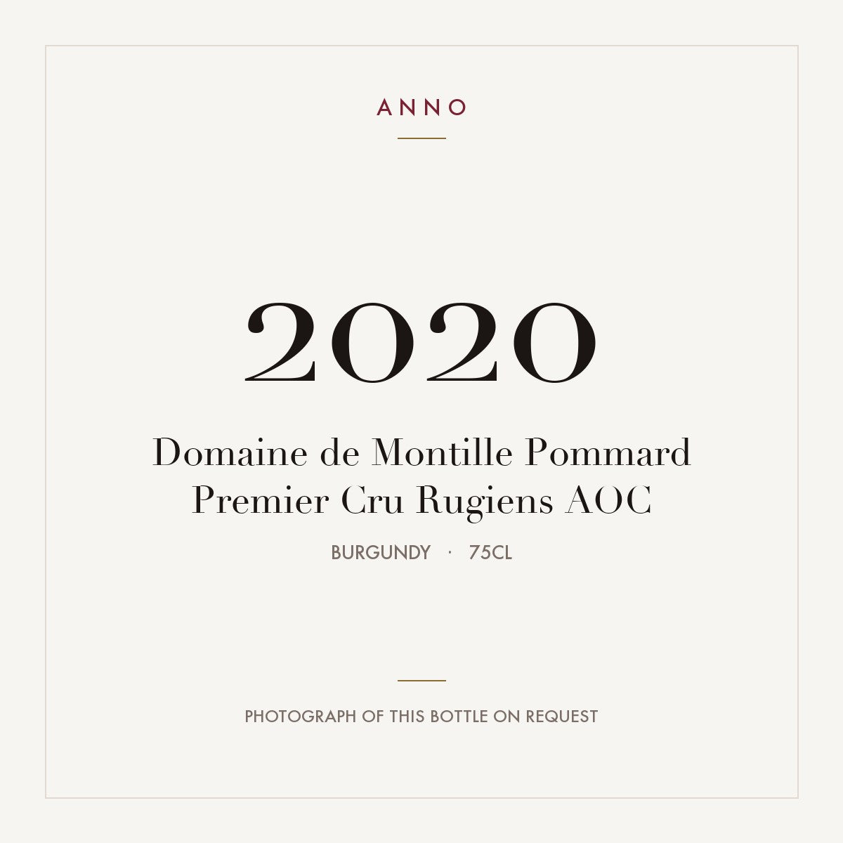 Domaine de Montille Pommard Premier Cru Rugiens 2020 AOC 0,75l from Burgundy — ANNO vintage card; photograph of the actual bottle available on request