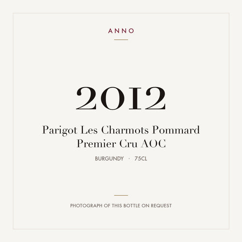 Parigot Les Charmots Pommard Premier Cru 2012 AOC 0,75l from Burgundy — ANNO vintage card; photograph of the actual bottle available on request