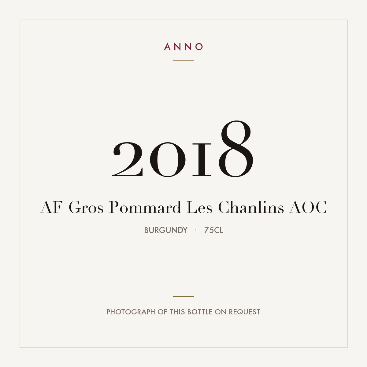 AF Gros Pommard Les Chanlins 2018 AOC 0,75l from Burgundy — ANNO vintage card; photograph of the actual bottle available on request