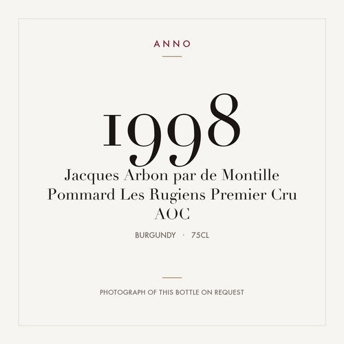 Jacques Arbon par de Montille Pommard Premier Cru Les Rugiens 1998 AOC 0,75l — ANNO-årgangskort; foto af den faktiske flaske på forespørgsel