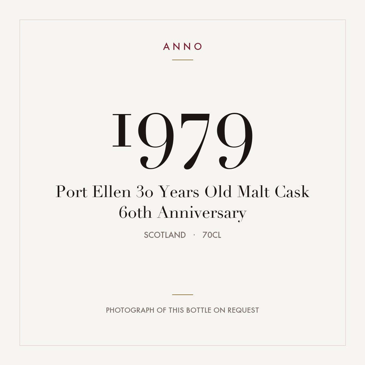 Port Ellen 30 Years Old Malt Cask 60th Anniversary 1979 0,7l, Schottland — ANNO-Jahrgangskarte; Foto der tatsächlichen Flasche auf Anfrage
