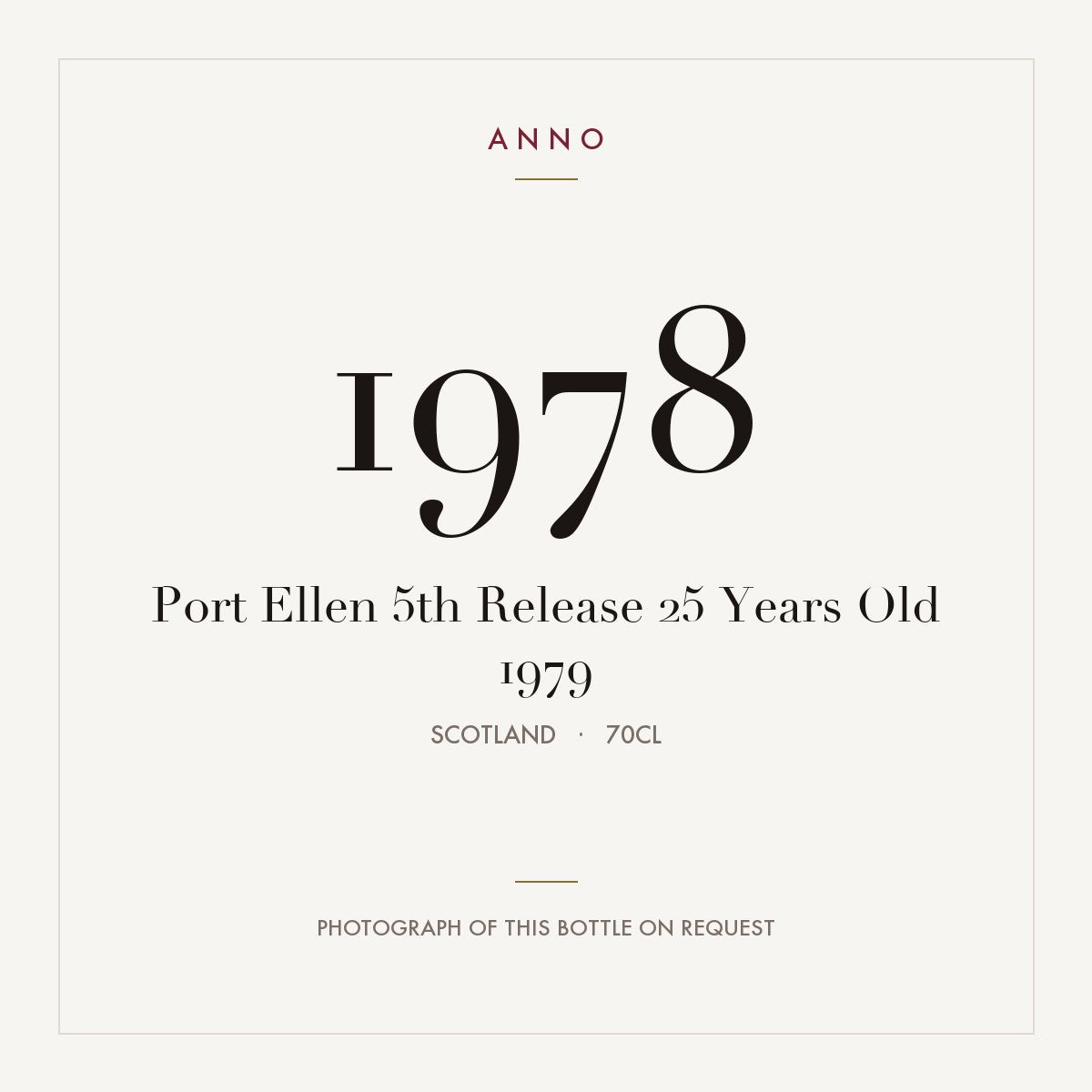 Port Ellen 5th Release 25 Years Old 1979 1978 0,7l, Scozia — card dell'annata ANNO; foto della bottiglia reale disponibile su richiesta