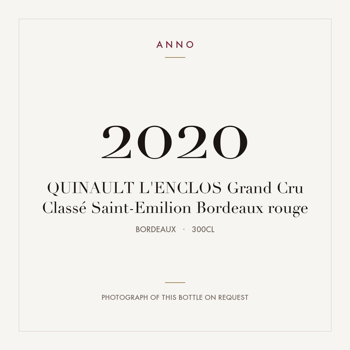 Quinault L'Enclos Saint-Emilion 2020 AOC 3l — ANNO vintage card; photograph of the actual bottle available on request