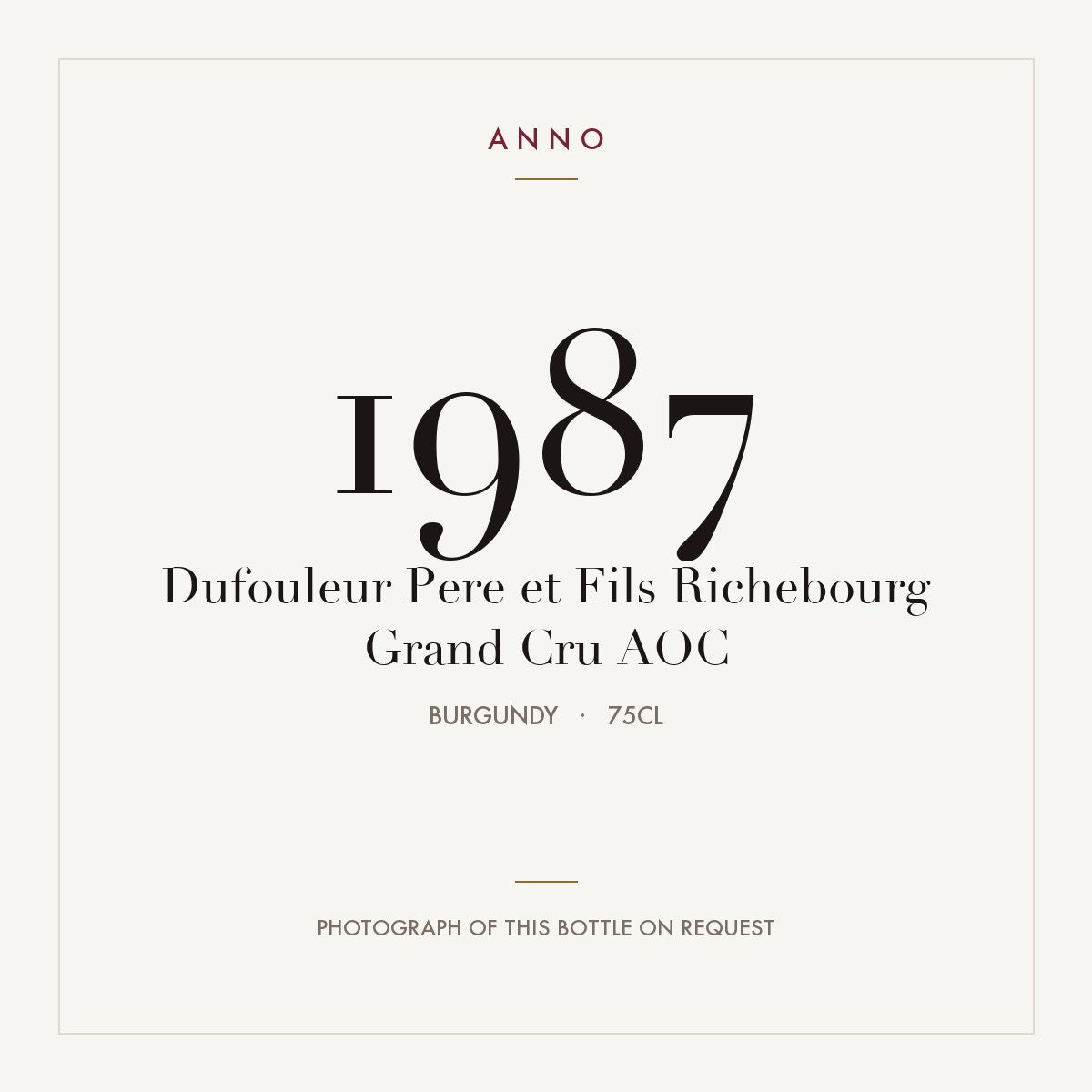 Dufouleur Pere et Fils Richebourg Grand Cru 1987 AOC 0,75l from Burgundy — ANNO vintage card; photograph of the actual bottle available on request