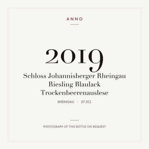 Schloss Johannisberger Rheingau Riesling Blaulack Trockenbeerenauslese 2019 0,375l from Rheingau — ANNO vintage card; photograph of the actual bottle available on request