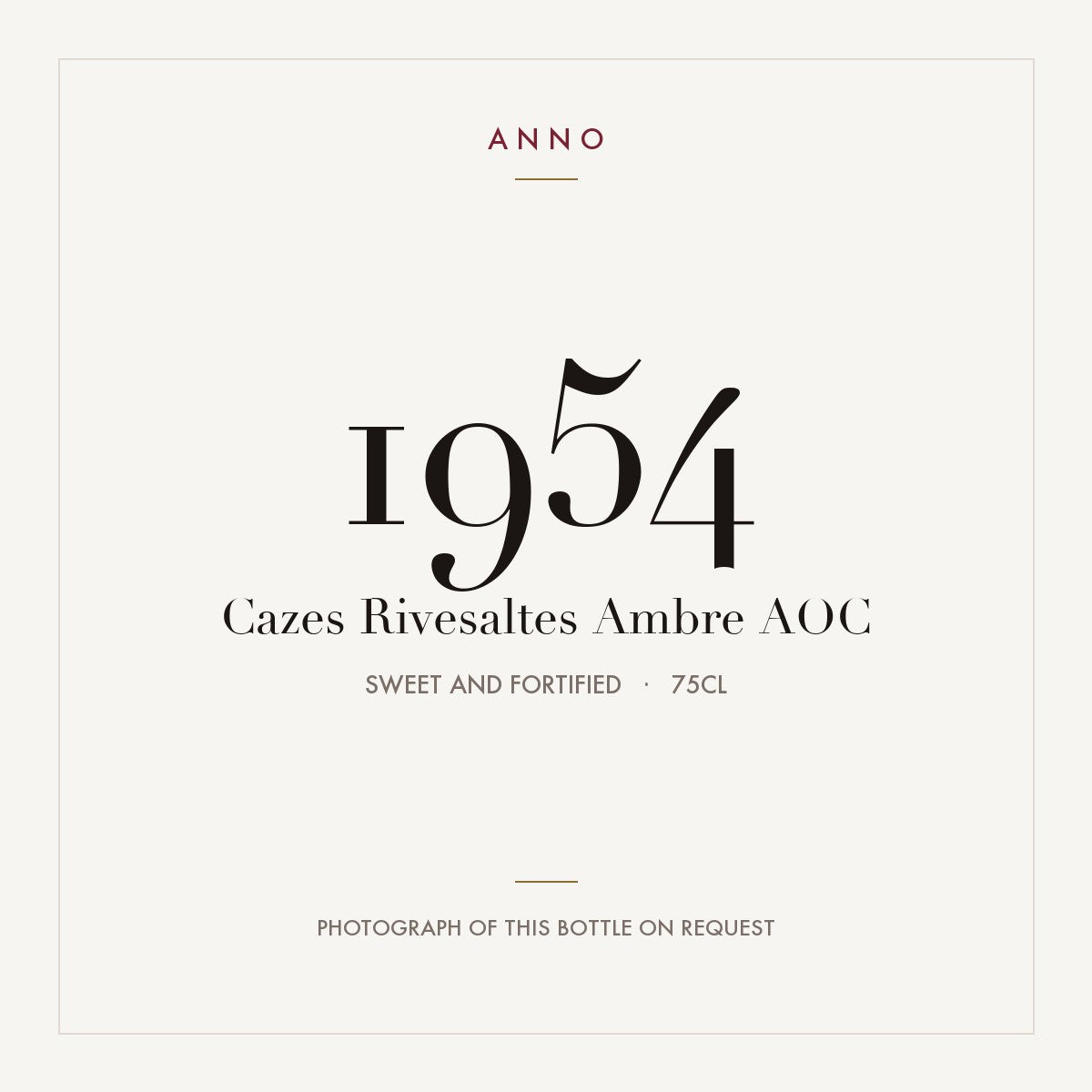 Cazes Rivesaltes Ambre 1954 AOC 0,75l from Sweet and fortified — ANNO vintage card; photograph of the actual bottle available on request