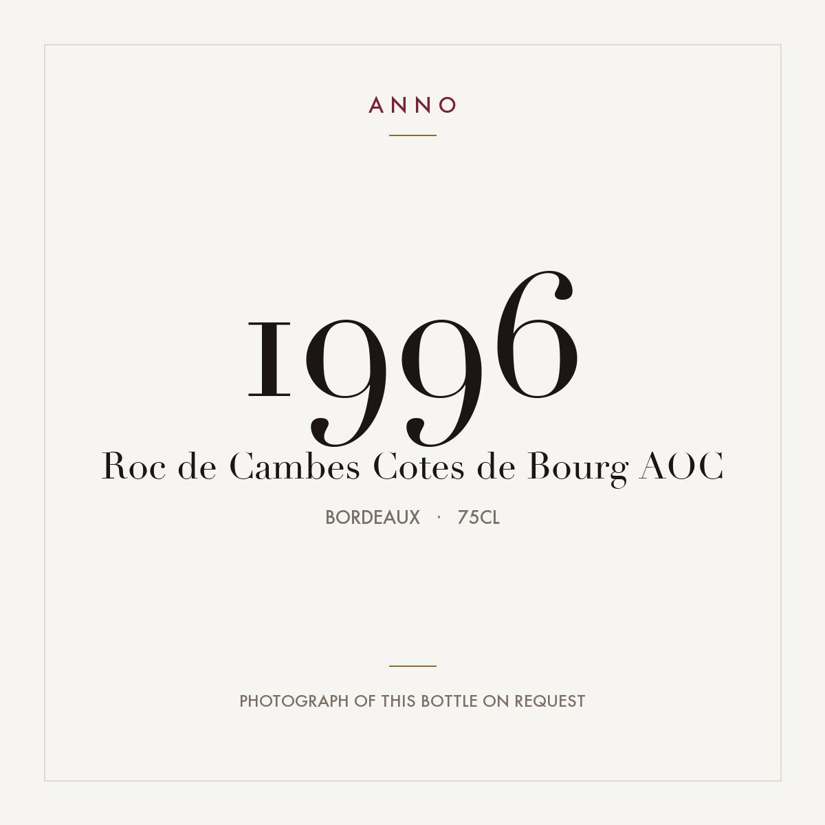 Roc de Cambes Cotes de Bourg 1996 AOC 0,75l from Bordeaux — ANNO vintage card; photograph of the actual bottle available on request