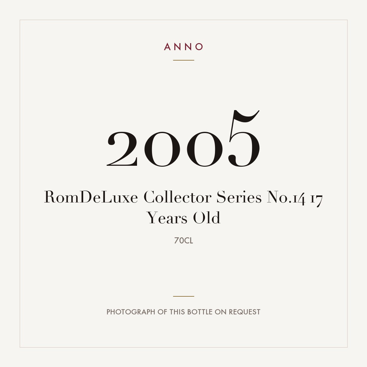 RomDeLuxe Collector Series No.14 17 Years Old 2005 0,7l — ANNO vintage card; photograph of the actual bottle available on request