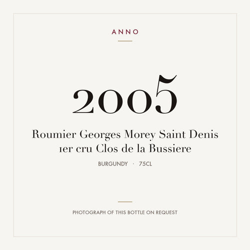 Roumier Georges Morey Saint Denis 1er cru Clos de la Bussiere 2005 0,75l, Borgonha — cartão de colheita ANNO; fotografia da garrafa real disponível a pedido