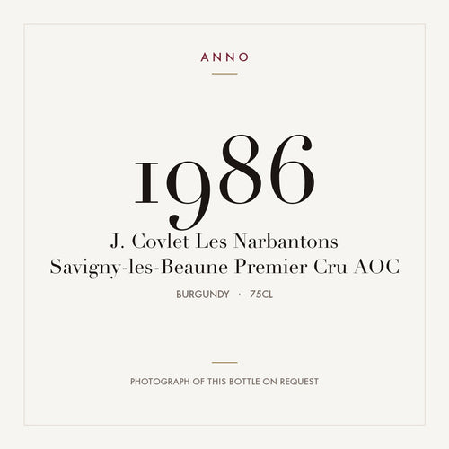 J. Covlet Les Narbantons Savigny-les-Beaune Premier Cru 1986 AOC 0,75l from Burgundy — ANNO vintage card; photograph of the actual bottle available on request